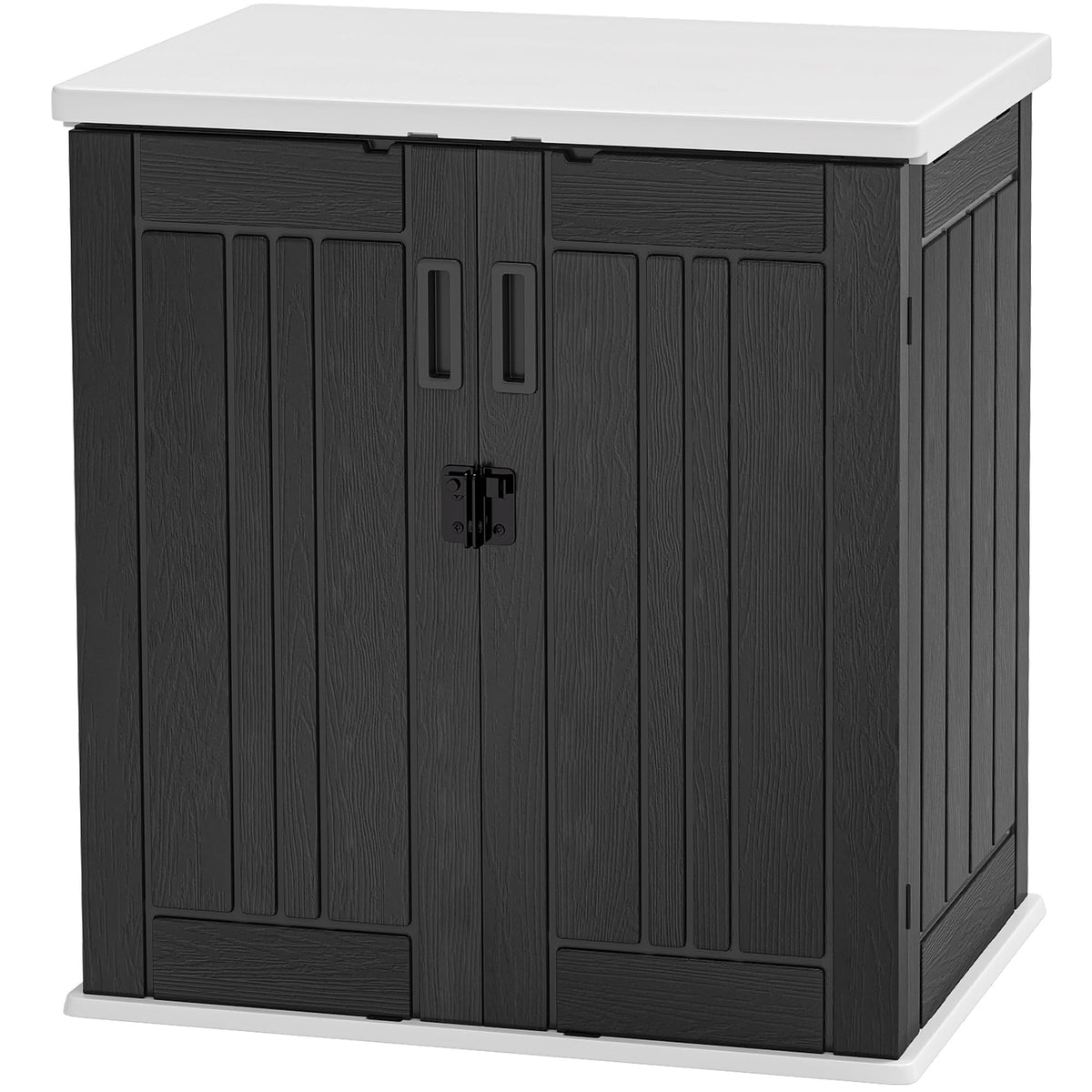 DWVO outdoor storage cabinet with wood-like panels enhances garden aesthetics while concealing tools.