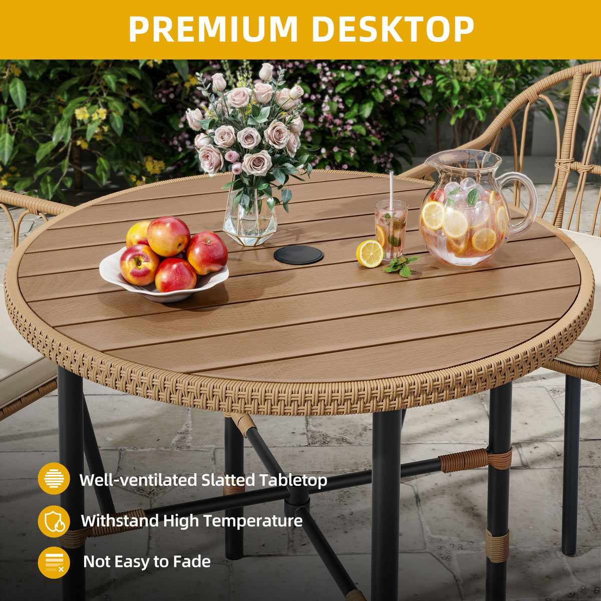 DWVO patio table featuring woven edge for durability.