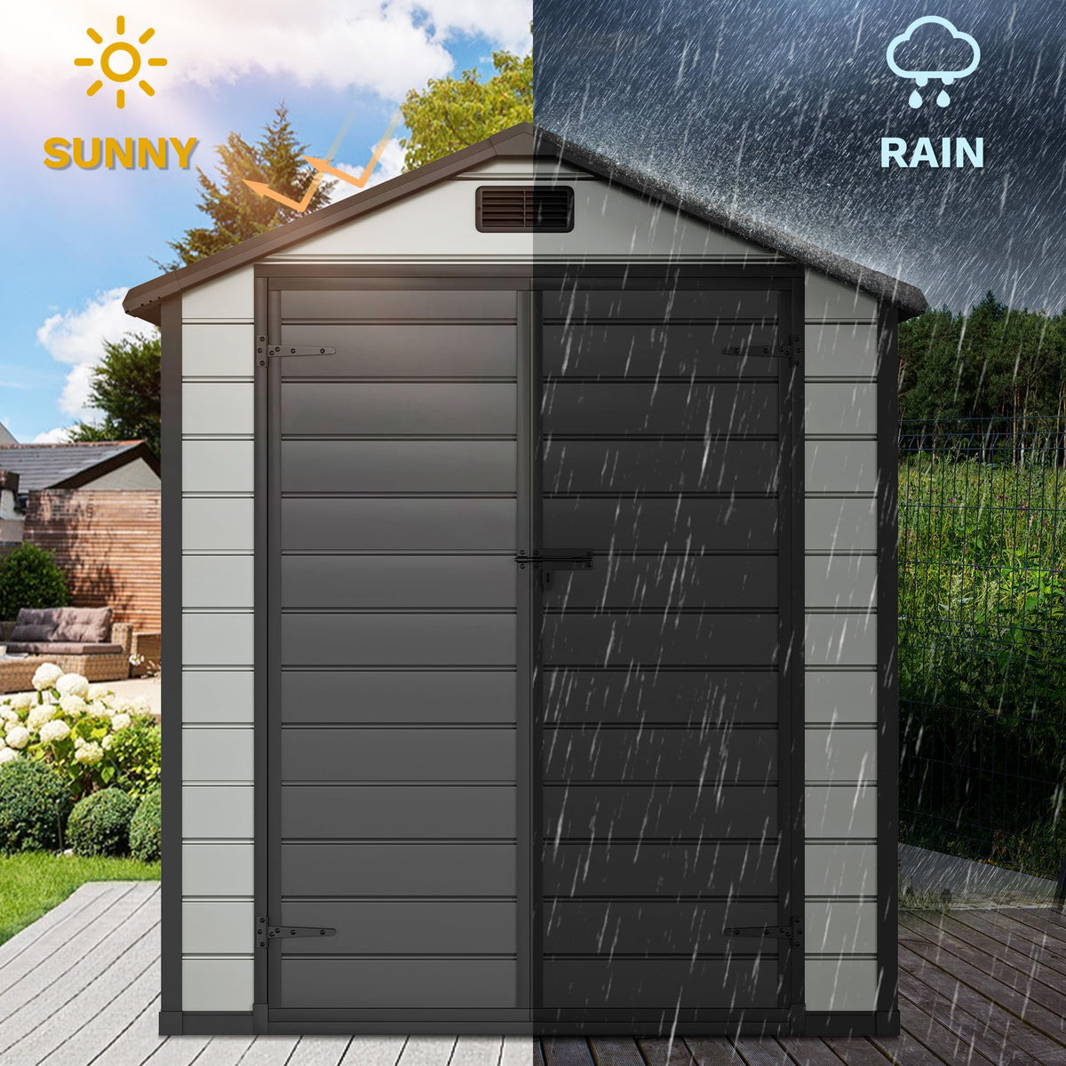 DWVO sloped roof aids rain drainage and prolongs shed life.