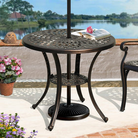 DWVO umbrella-hole detail showing compatibility for most poles, enabling shade during meals.