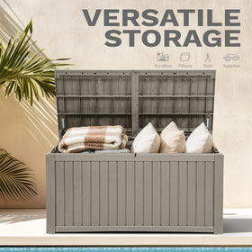 DWVO wood-grain deck box side view shows durable, weather-ready storage outdoors.