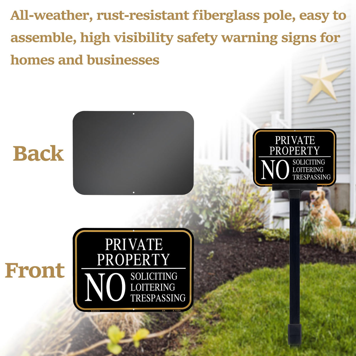 DXSIGN Snap-lock installation makes No Soliciting sign quick to assemble for yard or front door.