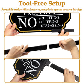DXSIGN fiberglass stake assembly detail shows tool-free setup and stability.