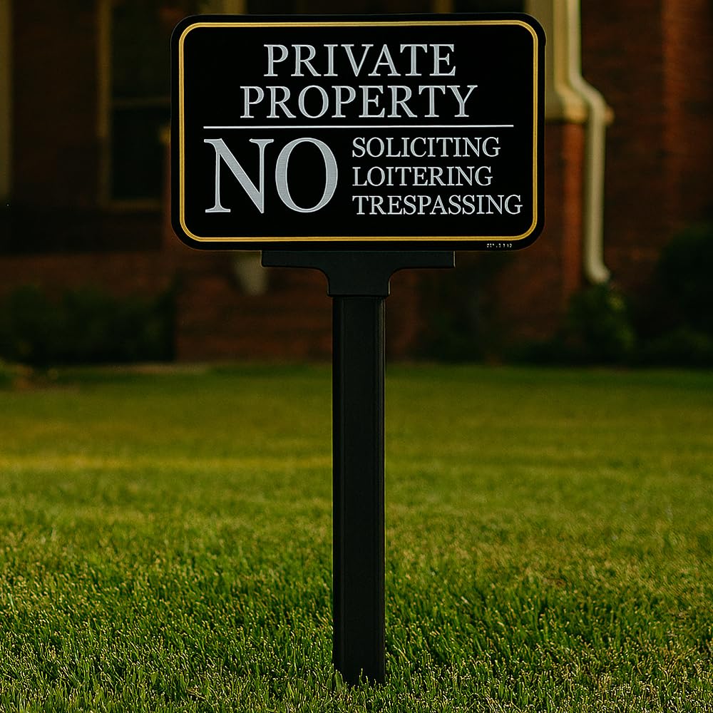 DXSIGN UV-protected aluminum No Soliciting sign resists fading in sun and rain.