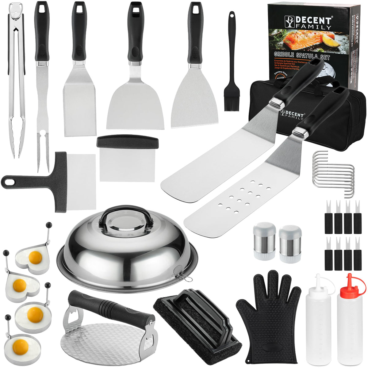 DY DECENT FAMILY 39-piece griddle kit for flat tops, versatile tools for outdoor cooking.