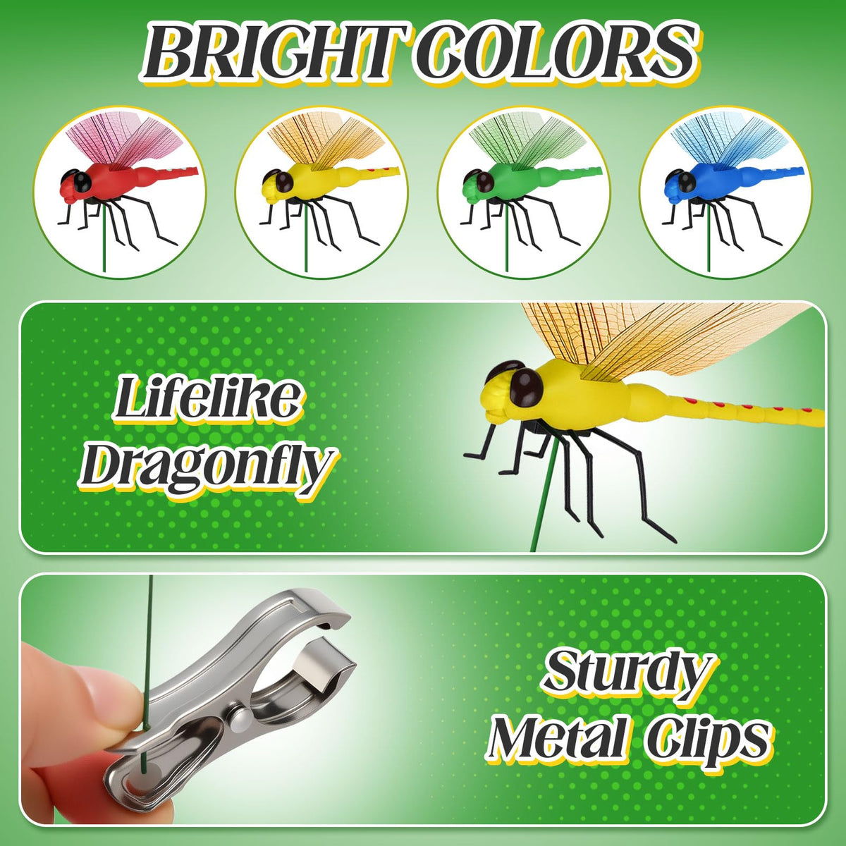 Dyale dragonfly clip measures twelve inches for easy placement.