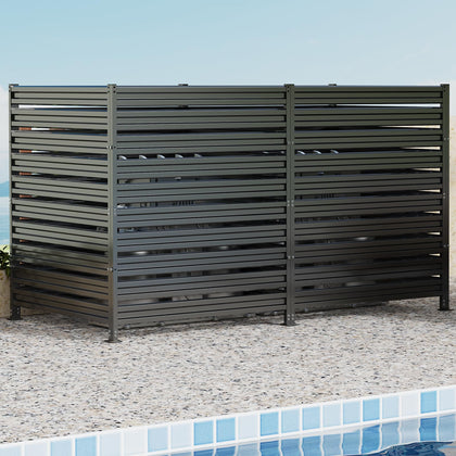 Dyemair AC fence three-panel privacy view concealing outdoor equipment.