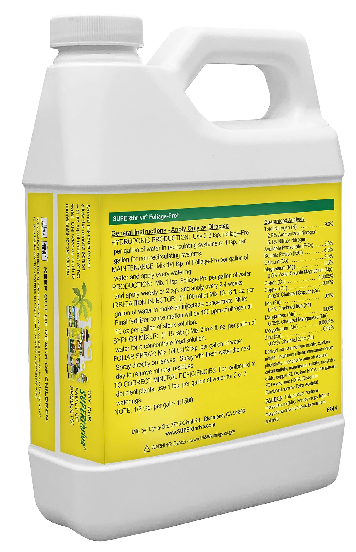 Dyna-Gro Foliage-Pro quart label close-up highlighting nutrients