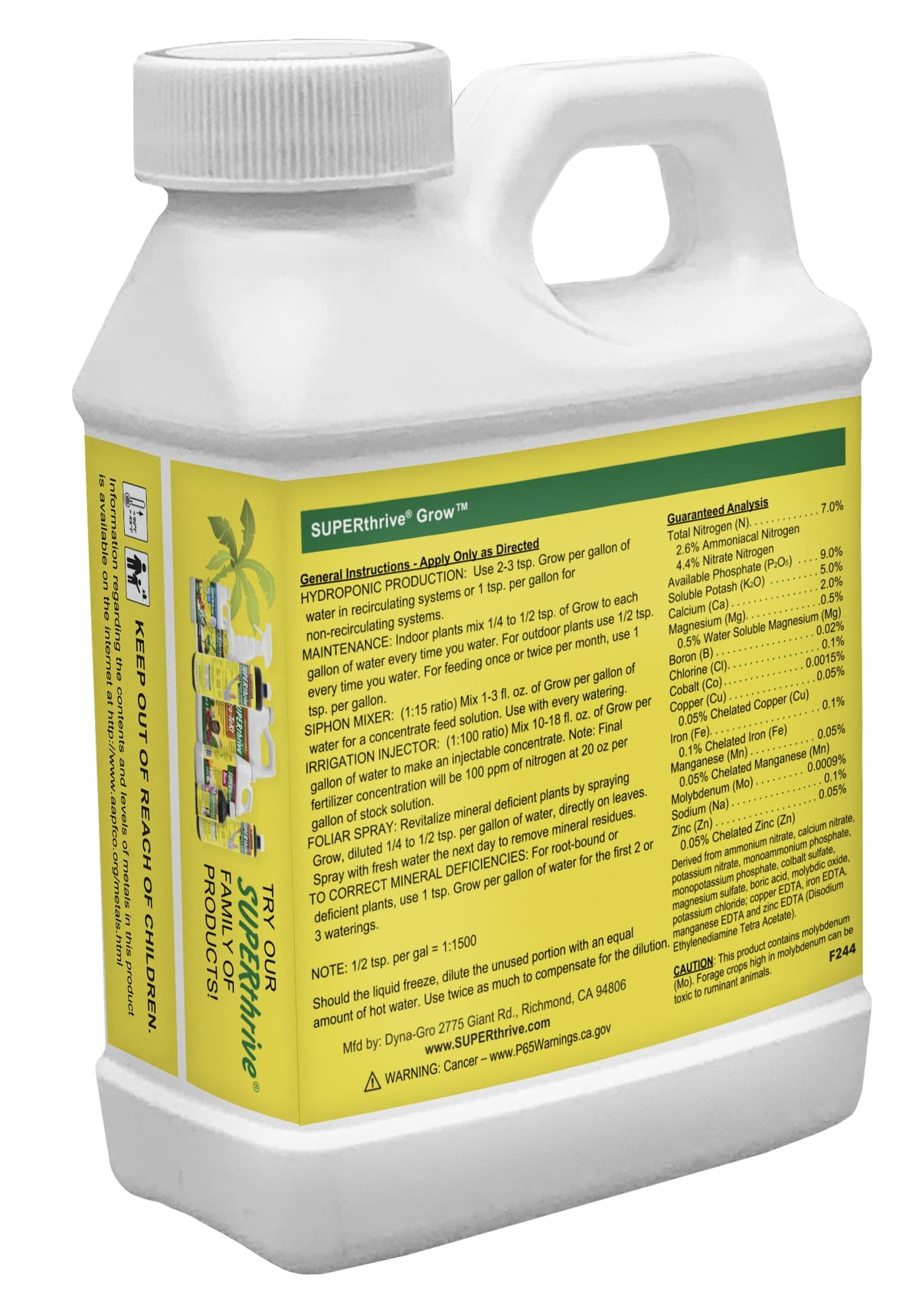 Dyna-Gro Grow label shot highlighting balanced minerals for strong growth.