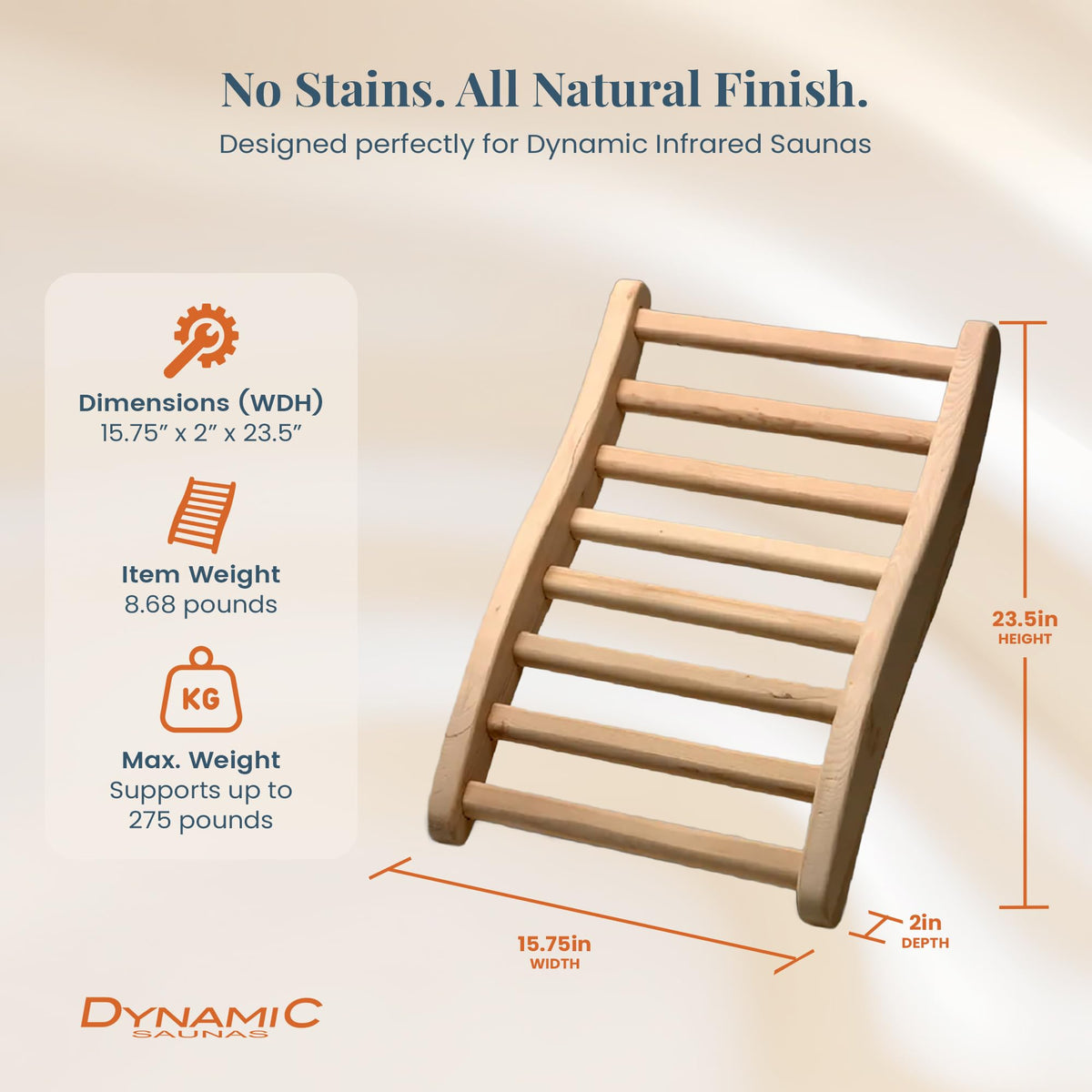 Backrest resting against sauna panel for stable support without brackets