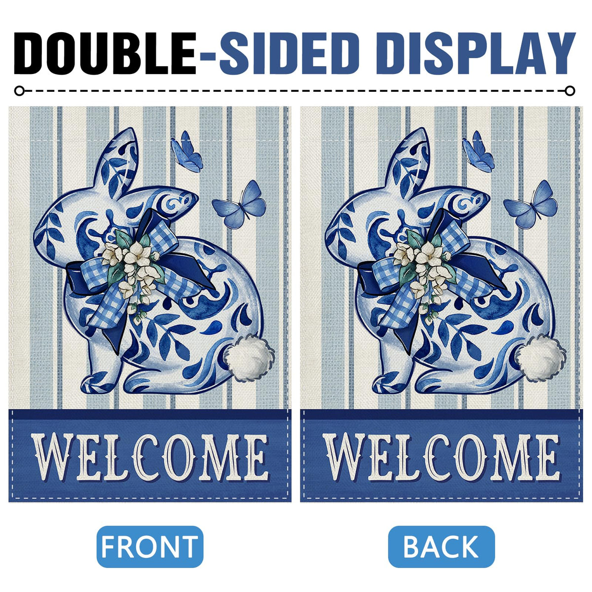 Dyrenson blue white porcelain rabbit flag enhances spring garden decor