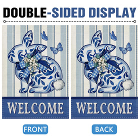 Dyrenson blue white porcelain rabbit flag enhances spring garden decor