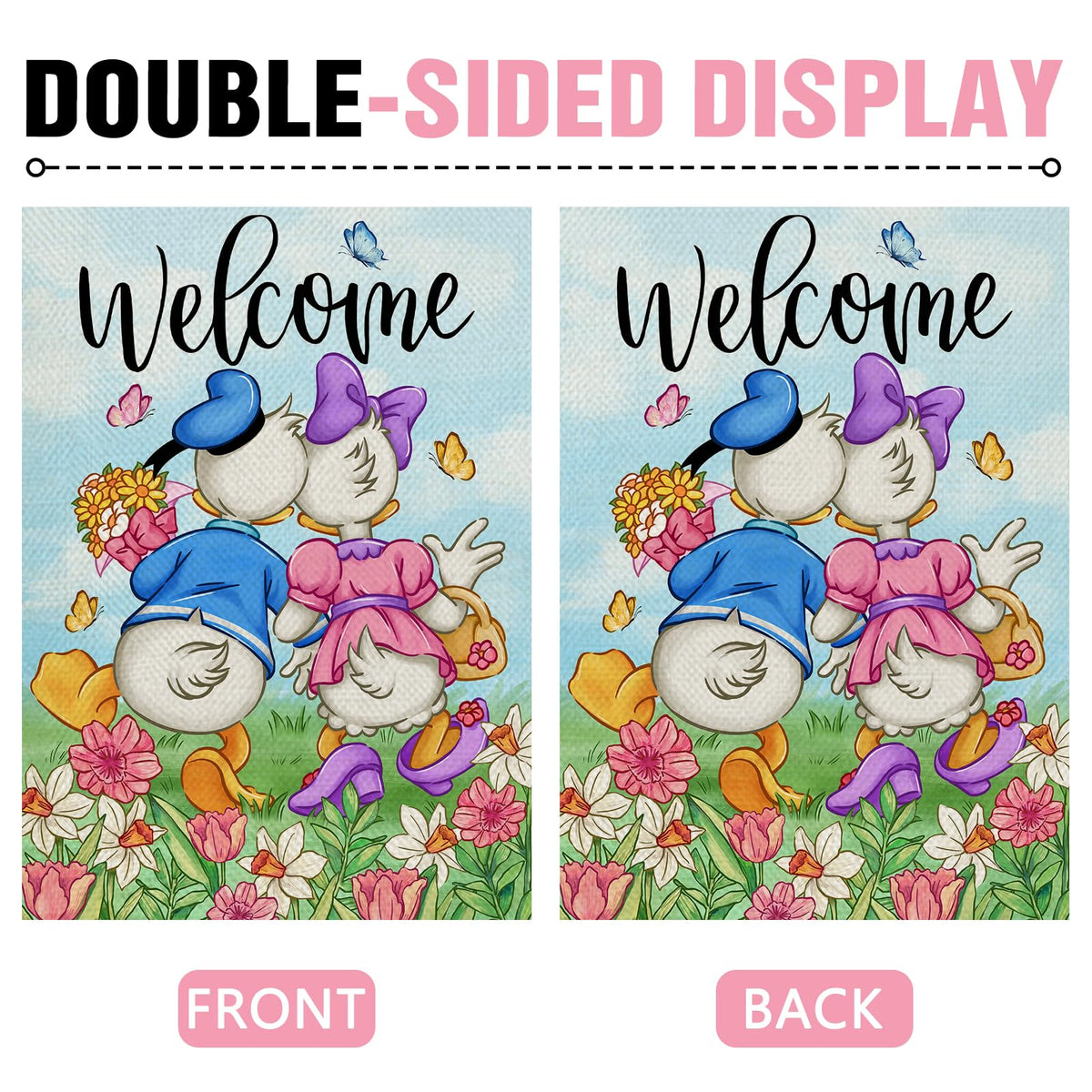 Dyrenson garden flag showcases daffodils and butterflies for porch appeal.