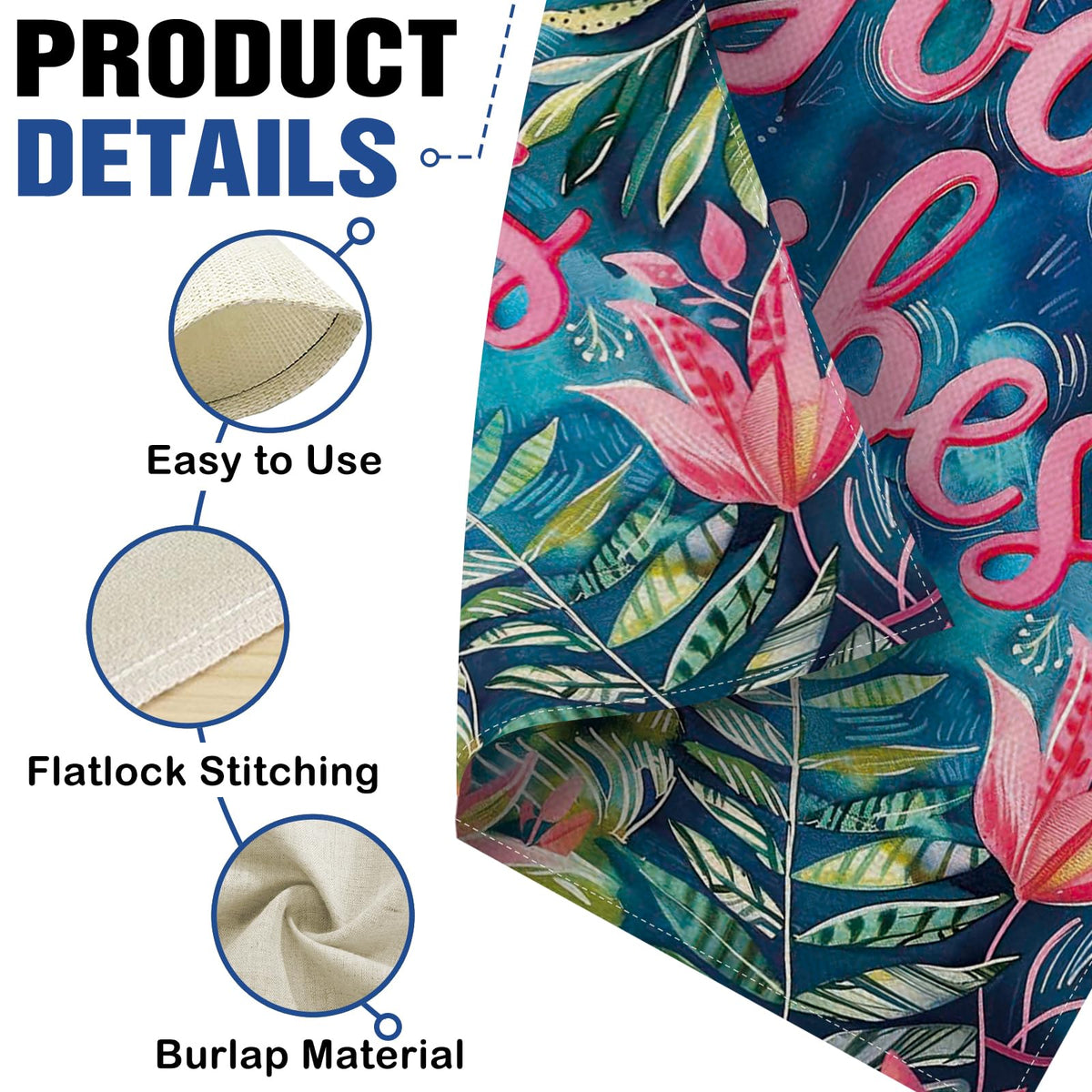 Dyrenson Good Vibes flag burlap fabric texture image emphasizes rustic charm and durable material.