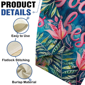 Dyrenson Good Vibes flag burlap fabric texture image emphasizes rustic charm and durable material.