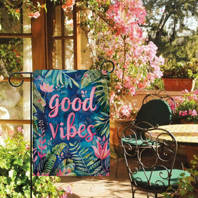 Dyrenson Good Vibes flag double-sided design shows message readable from both sides.