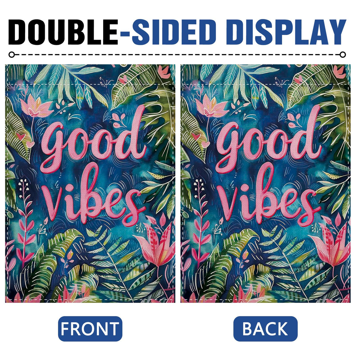 Dyrenson Good Vibes flag floral close-up captures pink flower and leaf detail for porch decor.
