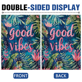 Dyrenson Good Vibes flag floral close-up captures pink flower and leaf detail for porch decor.