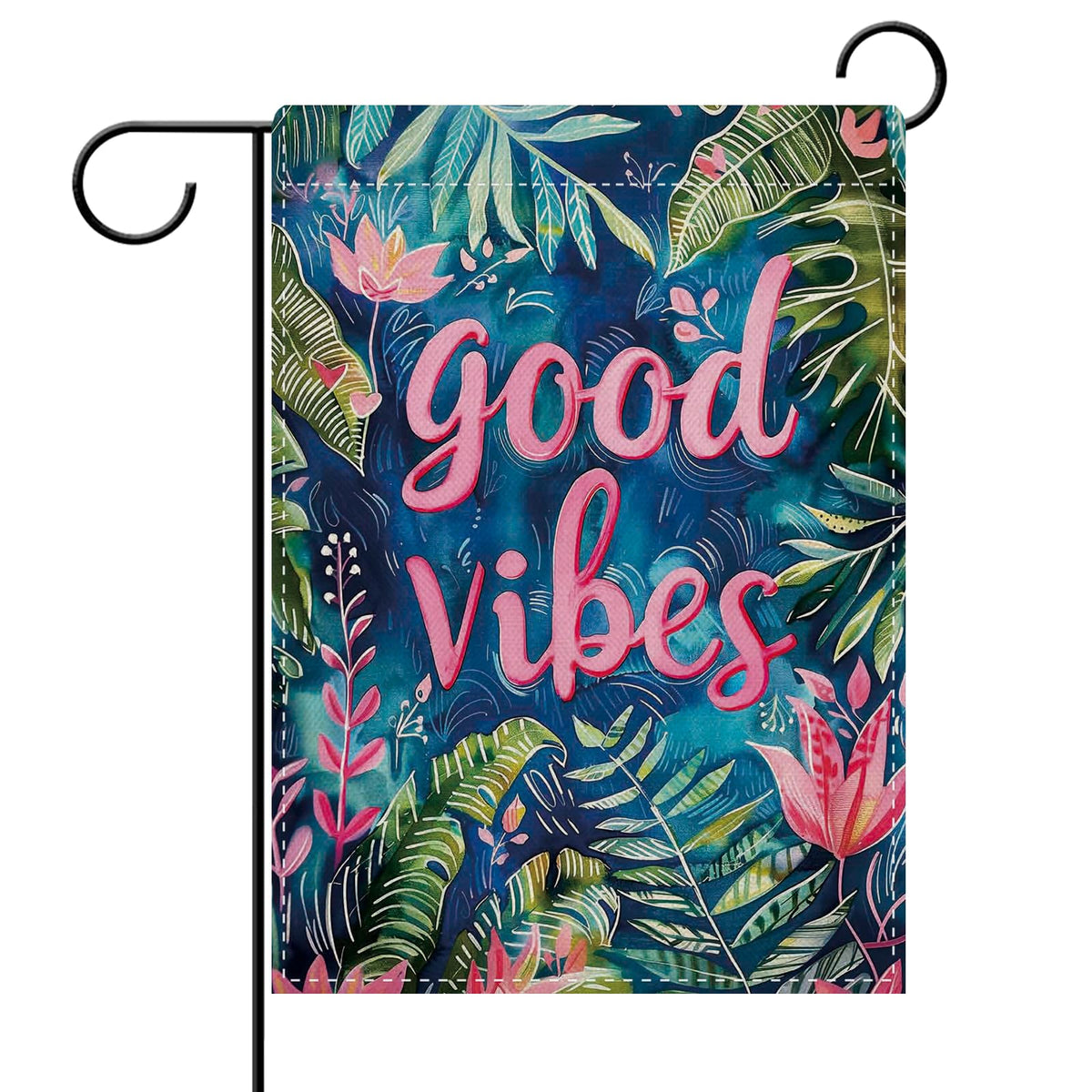 Dyrenson Good Vibes flag front view for outdoor cheer and weatherproof garden decor.