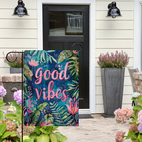 Dyrenson Good Vibes flag outdoor garden use demonstrates easy seasonal decor swaps.