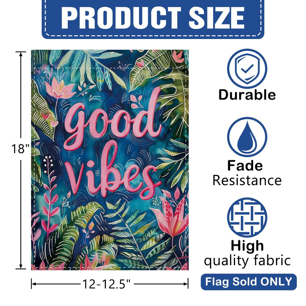 Dyrenson Good Vibes flag side-angle view highlighting double-sided design for versatile visibility.