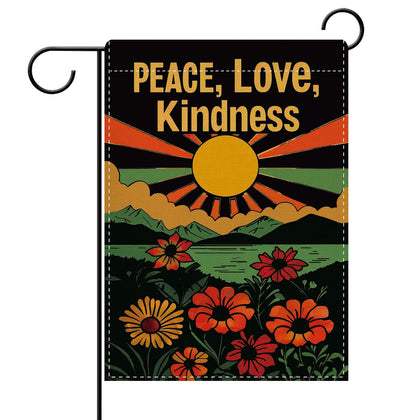 Dyrenson Peace Love Kindness flag front view showing vibrant outdoor décor appeal