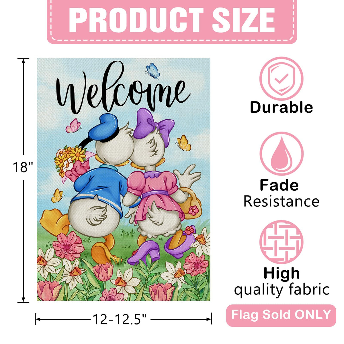 Dyrenson spring flag features ducks and flowers for cheerful outdoor decor.