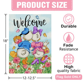 Dyrenson spring flag features ducks and flowers for cheerful outdoor decor.