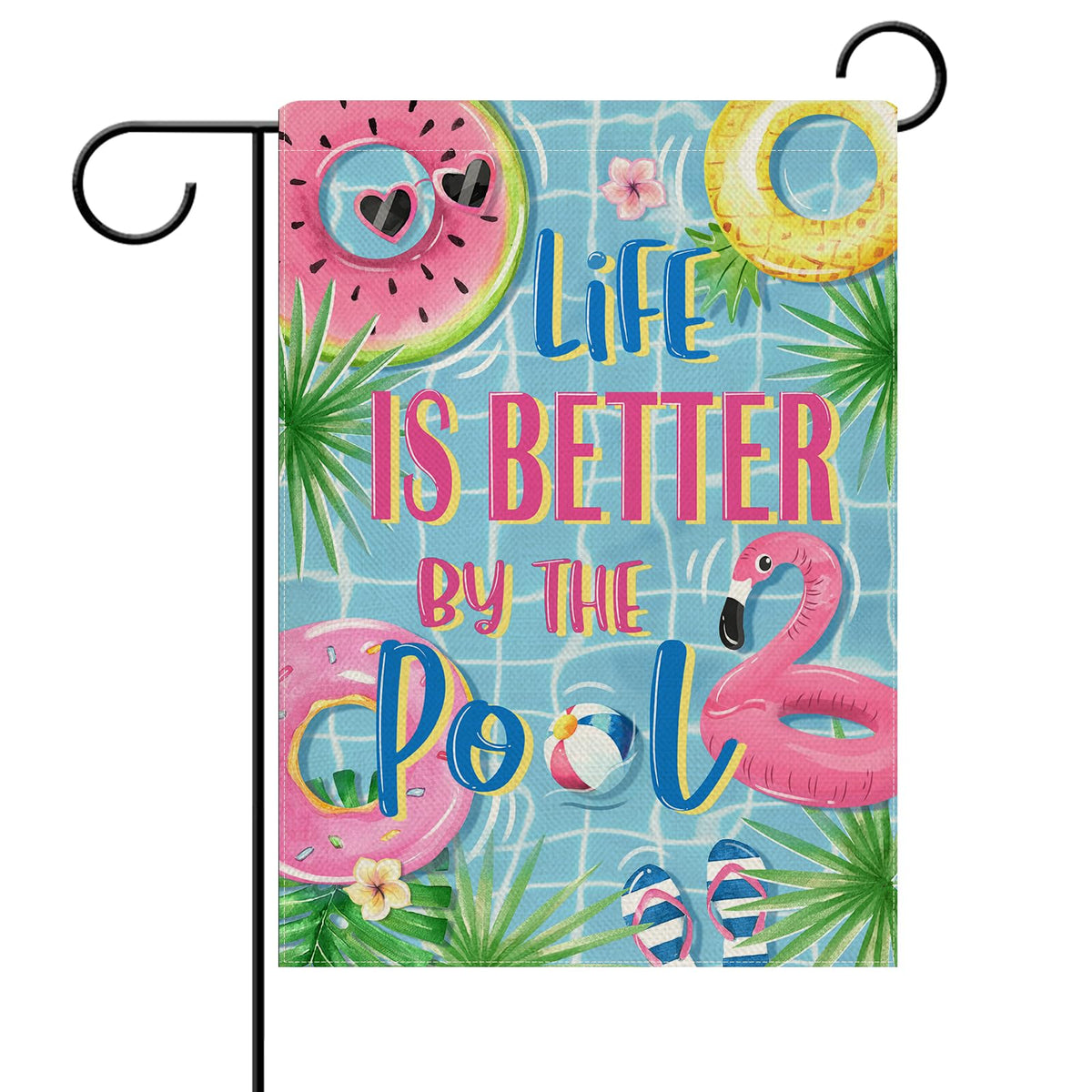 Dyrenson Summer Life flag with flamingo swim rings for poolside decor and outdoor charm.
