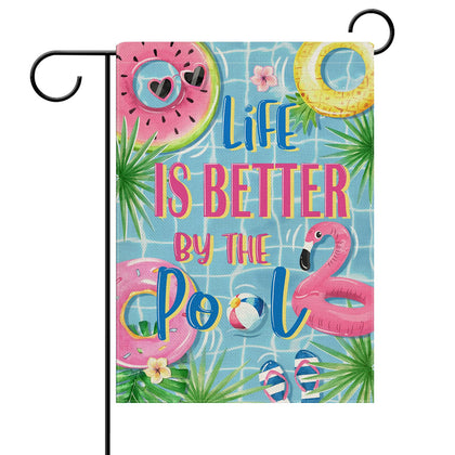 Dyrenson Summer Life flag with flamingo swim rings for poolside decor and outdoor charm.