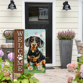 Dyrenson Welcome Dachshund garden flag measures 12x18 inches for compact spaces.