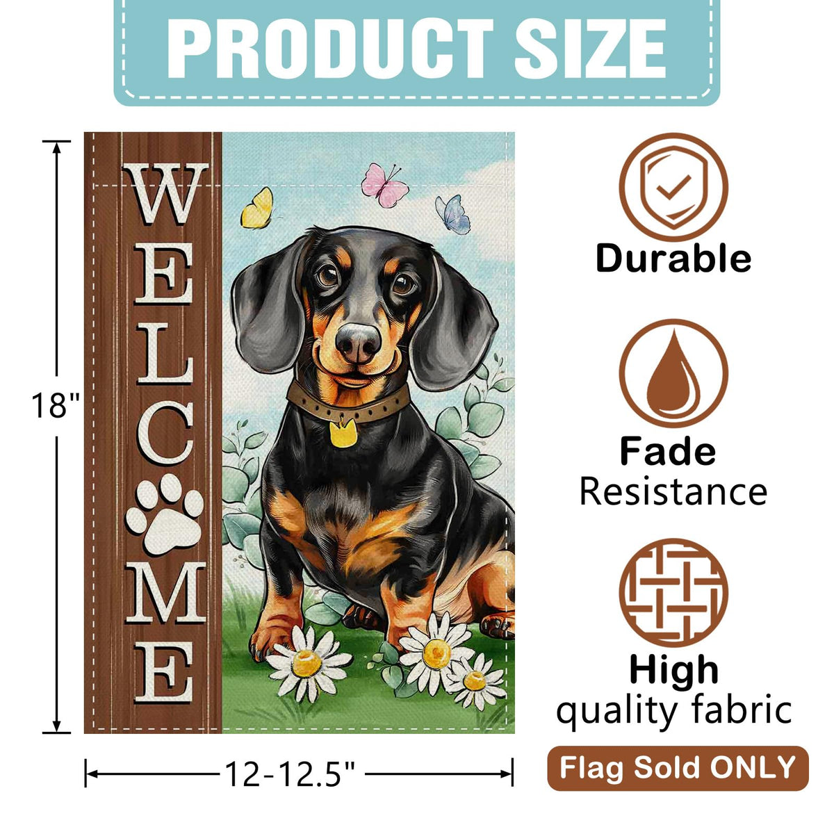Dyrenson Welcome Dachshund garden flag features butterfly accents for yard charm.