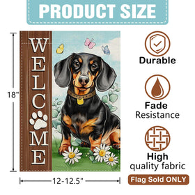 Dyrenson Welcome Dachshund garden flag features butterfly accents for yard charm.