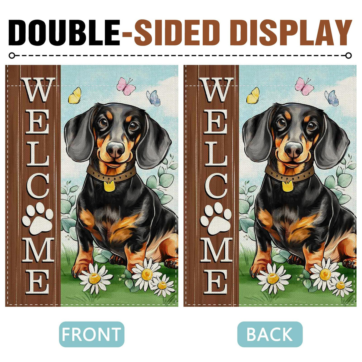 Dyrenson Welcome Dachshund garden flag showcases eucalyptus leaves for natural entryway appeal.