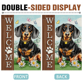 Dyrenson Welcome Dachshund garden flag showcases eucalyptus leaves for natural entryway appeal.