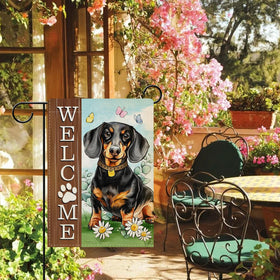 Dyrenson Welcome Dachshund garden flag outdoor-ready for porch, deck, or lawn display.