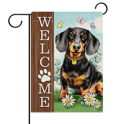 Dyrenson Welcome Dachshund garden flag with puppy and daisies brightens outdoor decor.