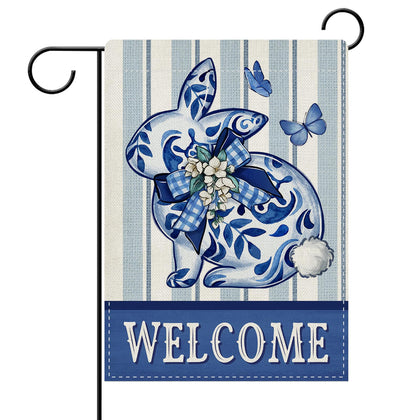 Dyrenson Welcome Easter Bunny flag with chinoiserie design on porch for seasonal curb appeal