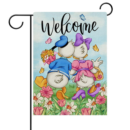 Dyrenson Welcome Spring flag with cartoon ducks for vibrant yard decor.