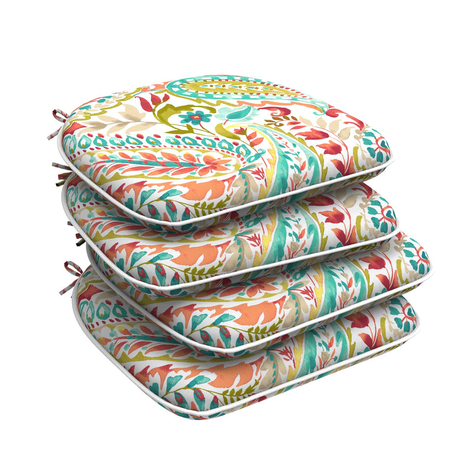 DYTXIII outdoor chair cushions set with vibrant paisley pattern and water-repellent fabric for all-weather use.