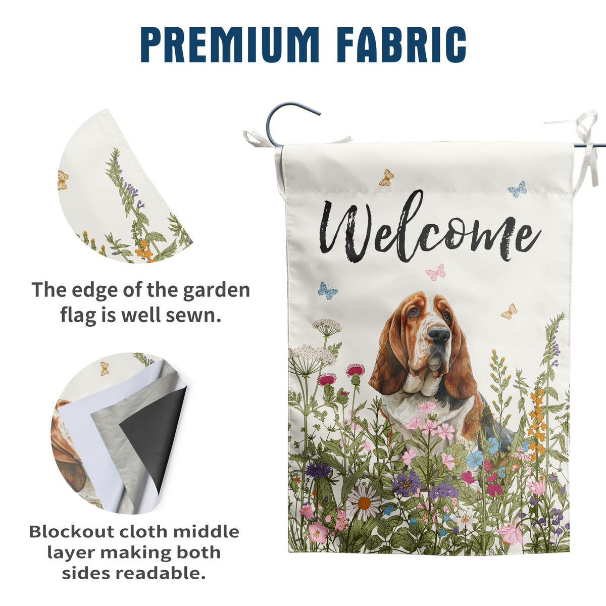 DZGlobal double-sided Basset Hound flag brightens porches and gardens.