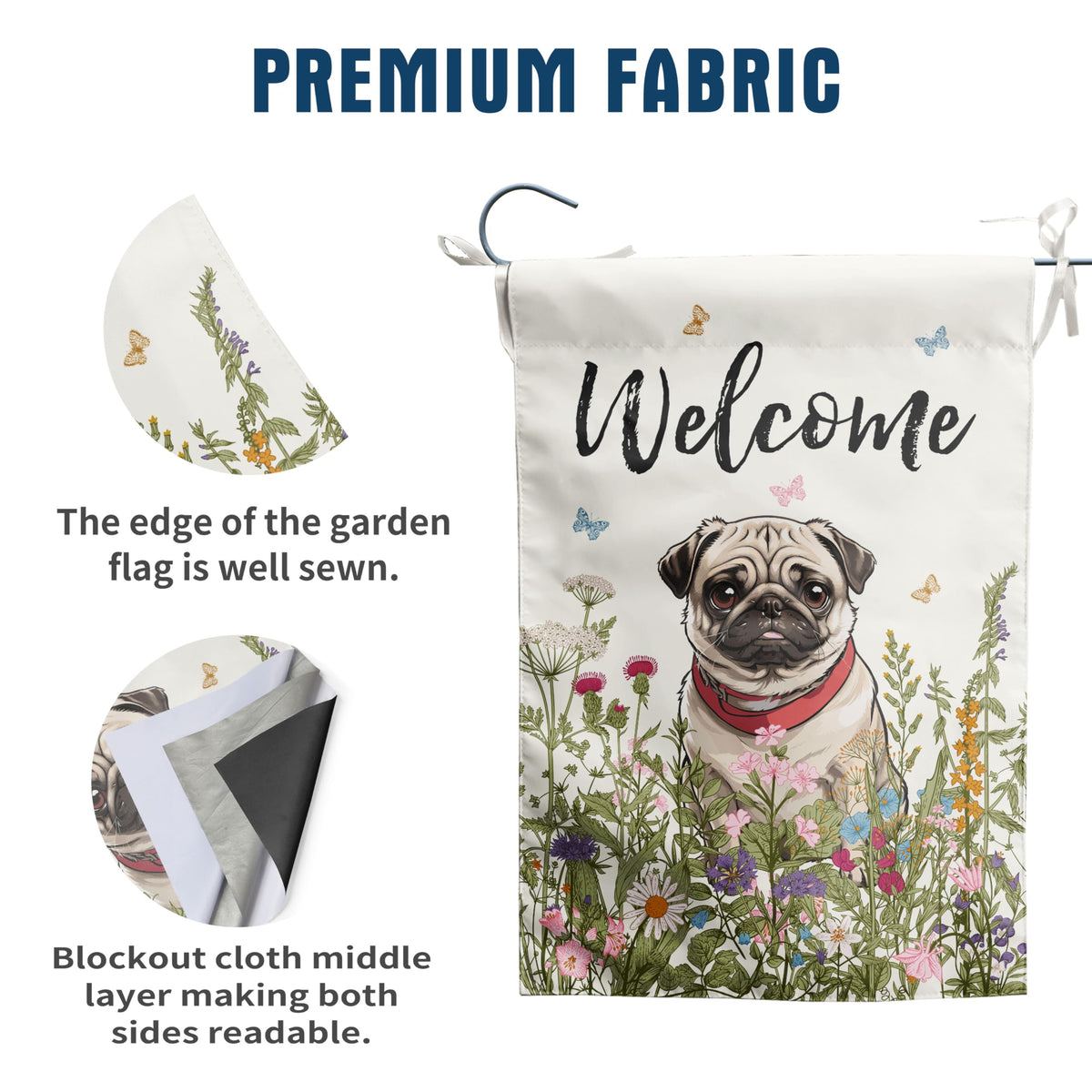 DZGlobal double sided flag shows vivid flowers and pug from both directions.