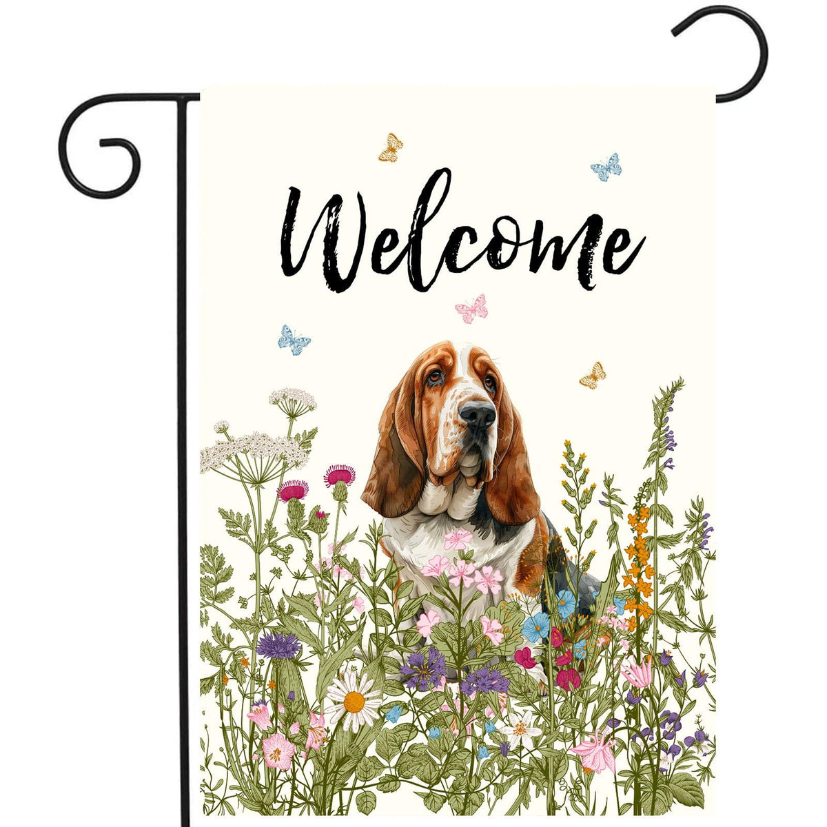 DZGlobal floral Basset Hound flag with vibrant colors for outdoor welcome decor.