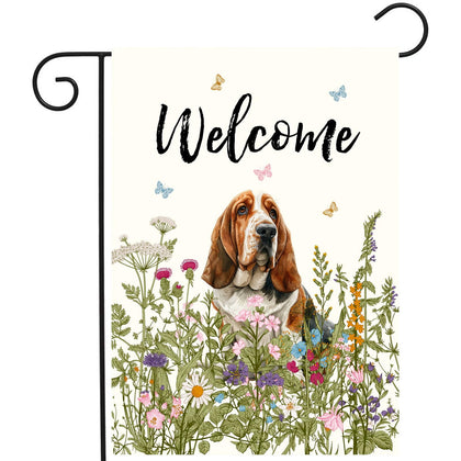 DZGlobal floral Basset Hound flag with vibrant colors for outdoor welcome decor.