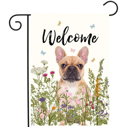 DZGlobal floral French Bulldog flag front view with vivid spring colors for outdoor decor.
