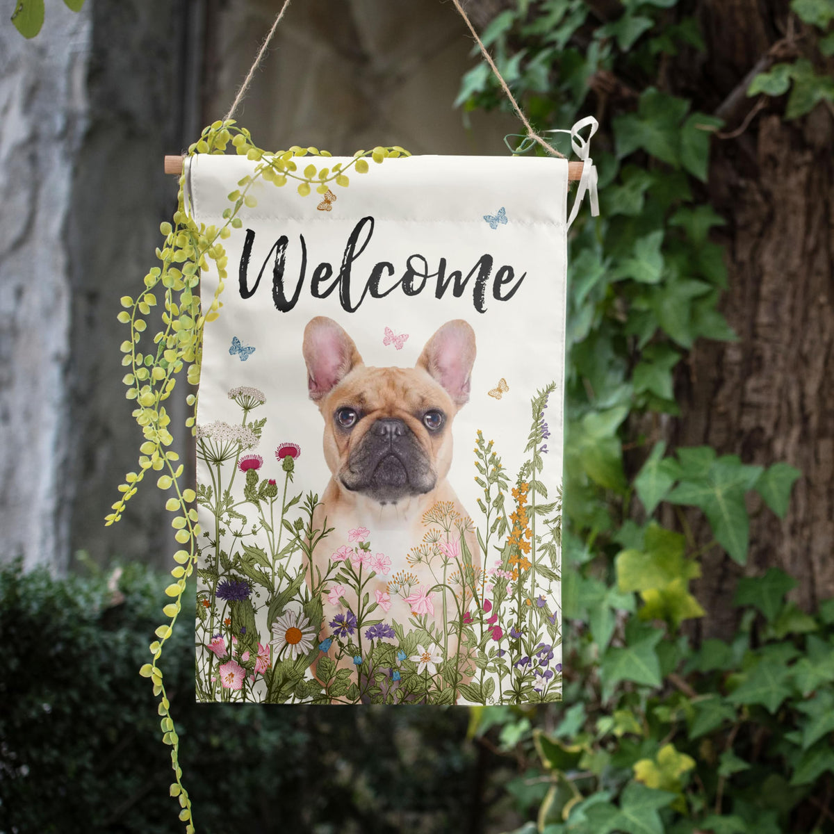 Vivid flower motif and French bulldog image brighten porches and fences.