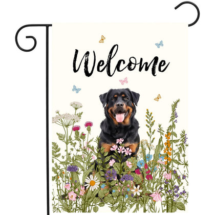 DZGlobal floral rottweiler garden flag, 12x18 inches, double-sided for outdoor welcome.
