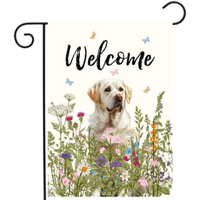 DZGlobal Floral White Lab Flag front view shows vibrant outdoor garden decor
