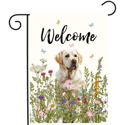 DZGlobal Floral White Lab Flag front view shows vibrant outdoor garden decor