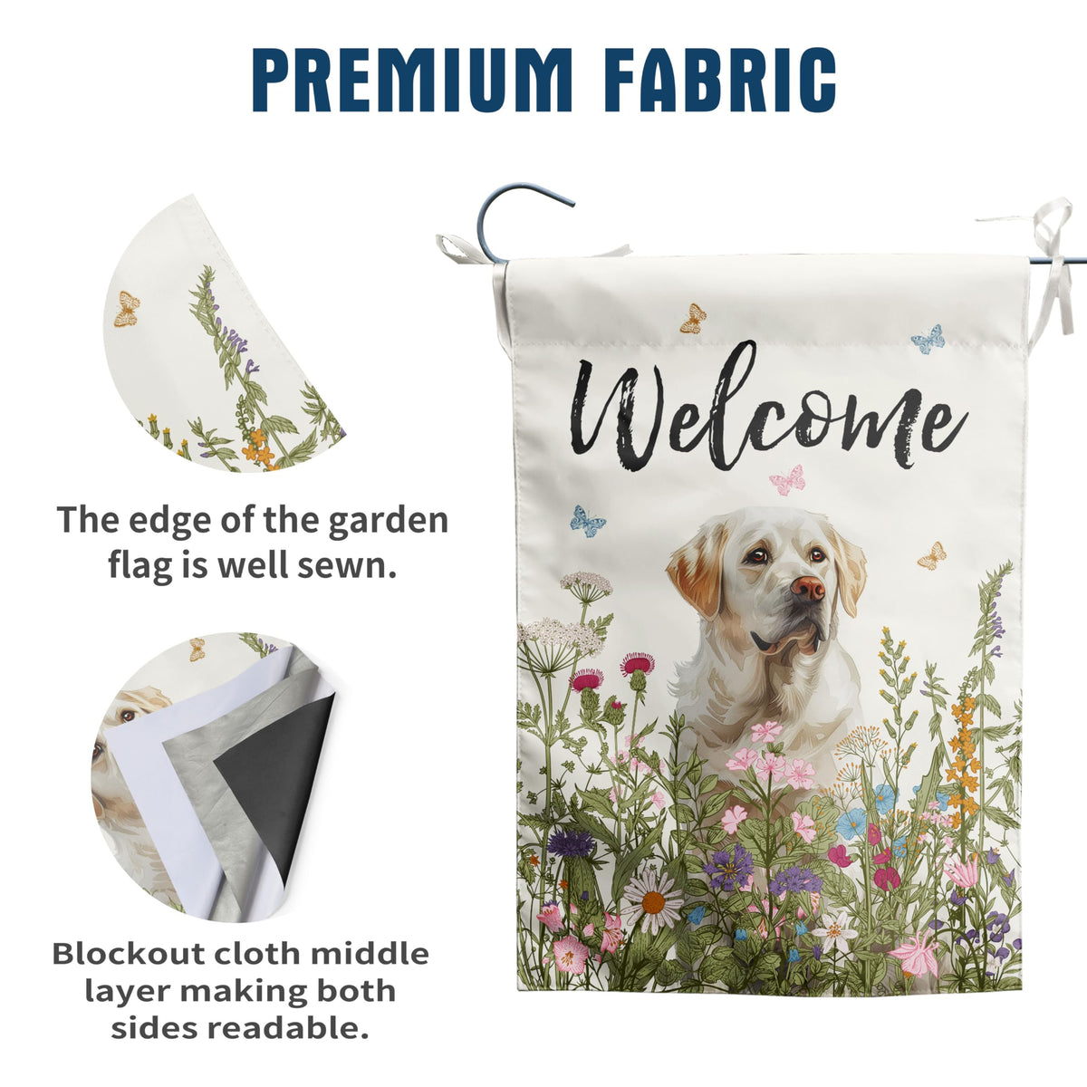 DZGlobal Floral White Lab Flag detail shows sturdy stitching and reinforced corners for outdoor durability